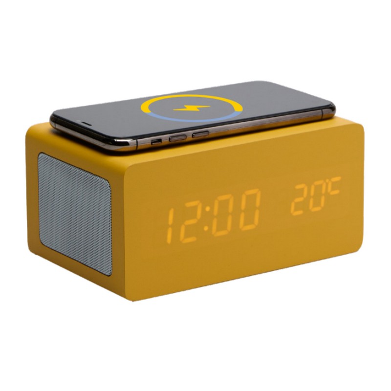 Orologio-sveglia digitale in legno giallo con display LED, temperatura, ricarica cellulare wireless e speaker bluetooth - funzionamento con cavo USB incluso